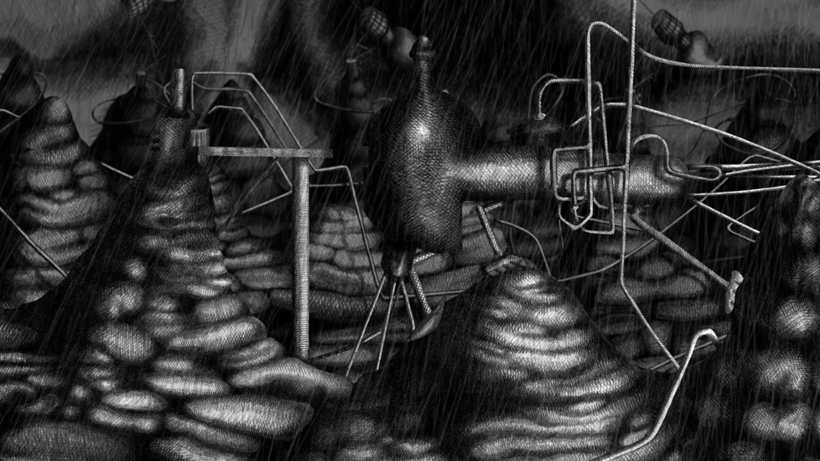 screen shot from Foodstuffs of pencil drawn steam tank in the rain